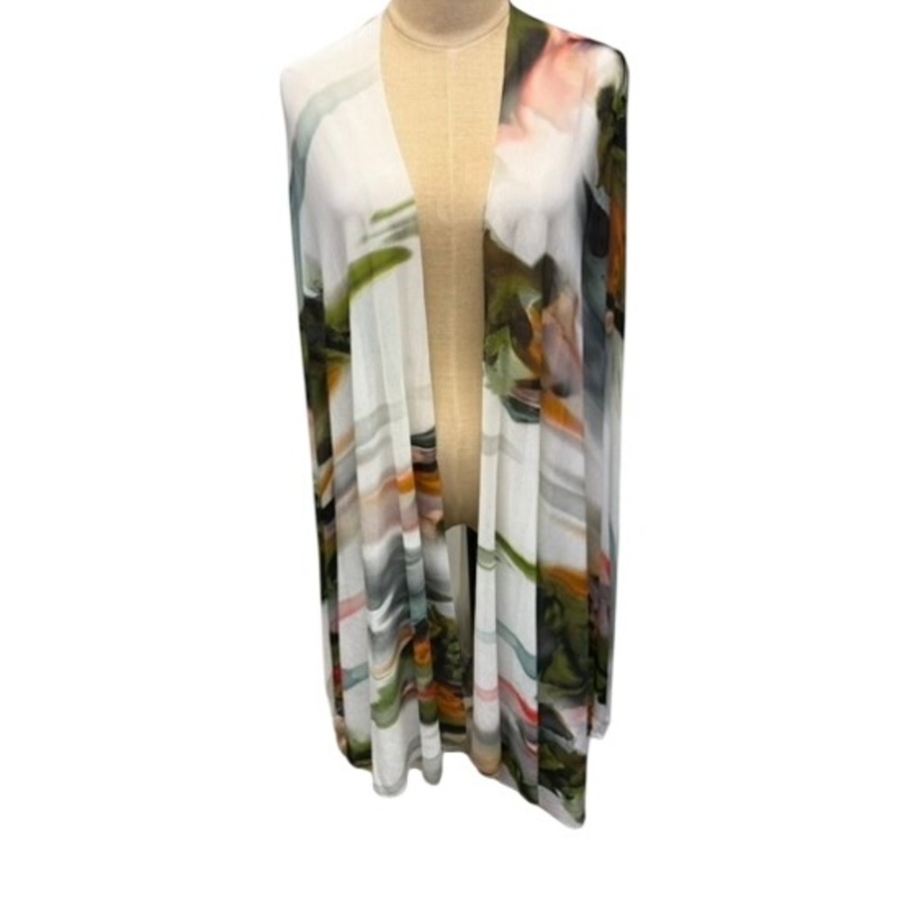 Petit Pois Abstract Watercolor Duster Cardigan Long Sleeve Open Front Green S